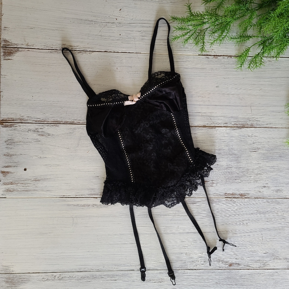 Vintage Nan Flower USA Small Garter Strap Bustier Sheer Lace Ruffle